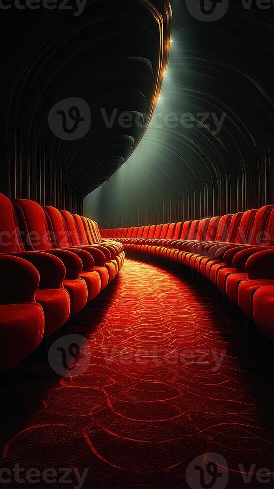 Colorful red seating in a dimly lit theater with artistic lighting effects highlighting the curved architecture photo