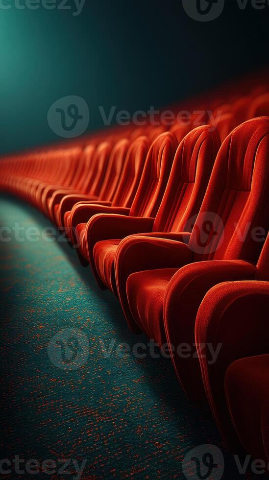 Rows of empty red theater seats illuminated by soft light create a cozy atmosphere for viewers photo