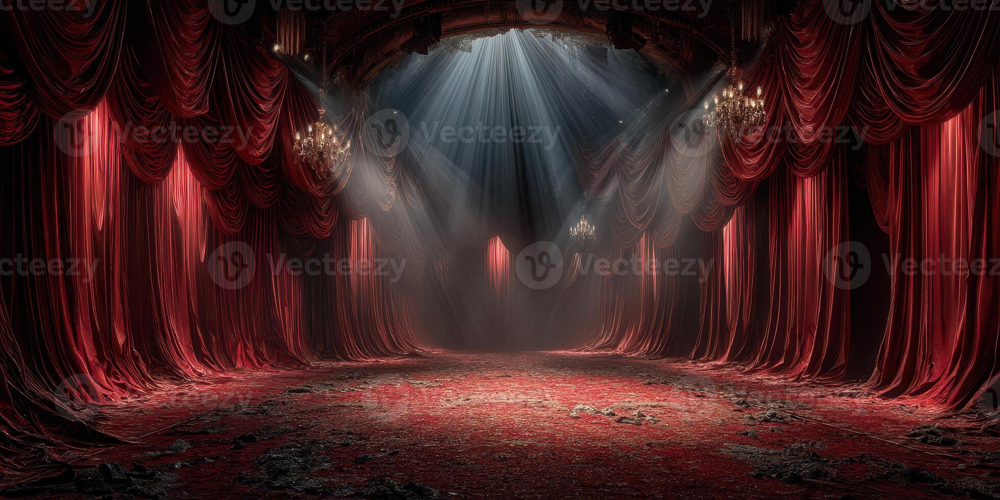 Atmospheric theatre stage with red curtains and dramatic lighting creating an evocative ambiance for a performance photo