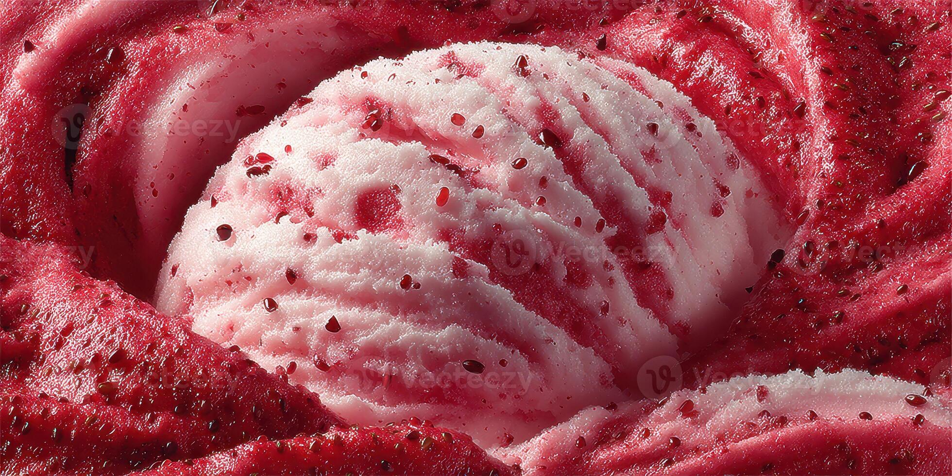 Delicious raspberry sorbet served in an artistic swirl showcasing vibrant colors and textures photo