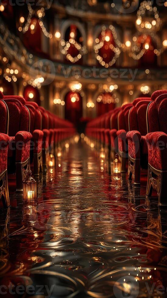Elegant theater interior with red velvet seats and golden lanterns reflecting in the water photo