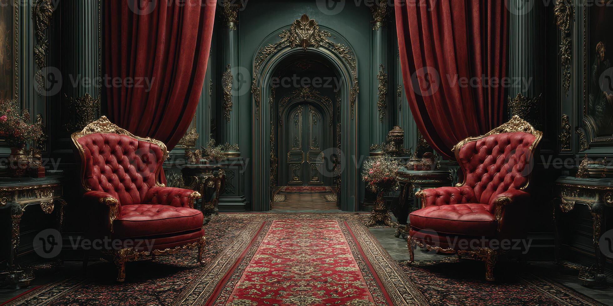 Elegant sitting area with ornate red chairs and dark opulent decor in a vintage interior space photo
