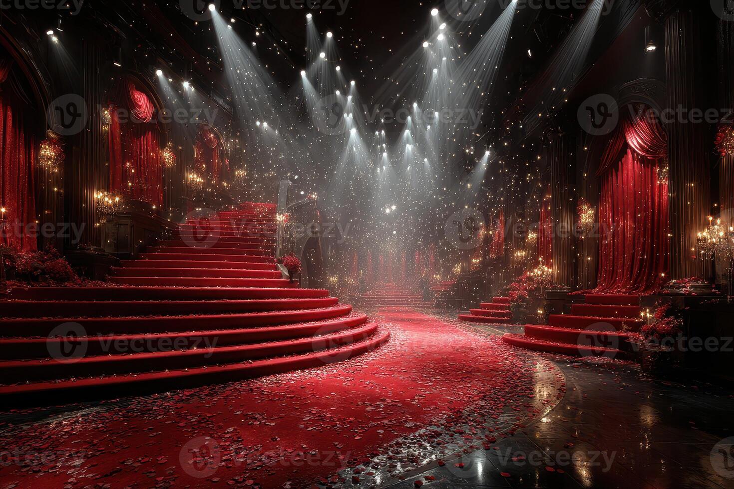 Elegant venue with grand red curtains and a carpet of rose petals for a magical evening event in a dimly lit setting photo