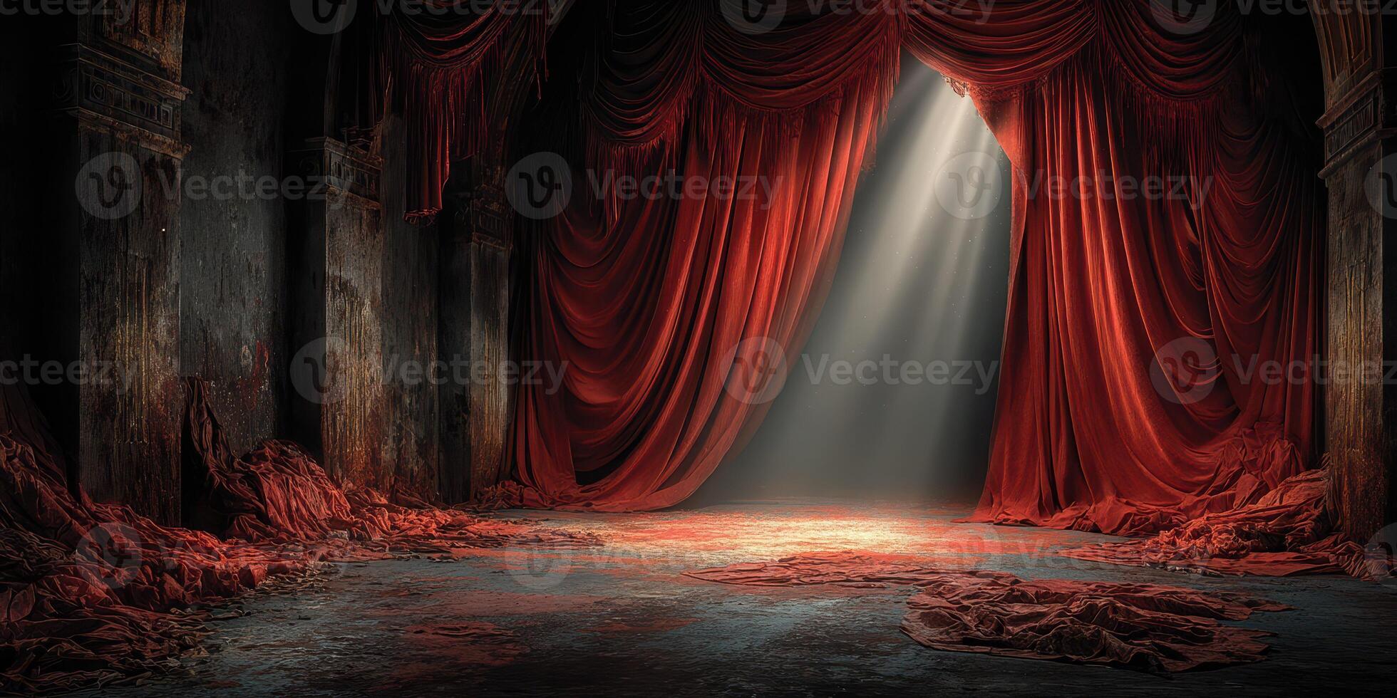 Old theater with red curtains and scattered fabric under a beam of light creates a dramatic ambience of abandonment and history photo