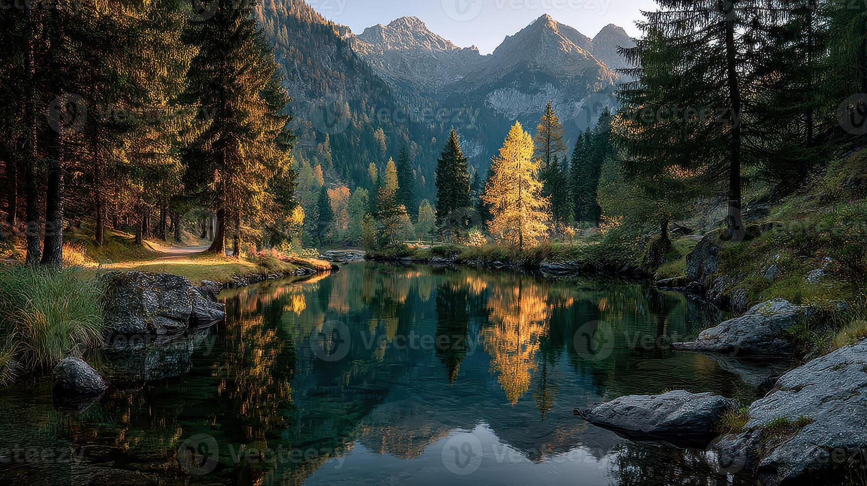 Serene landscape with mountains, calm lake, and vibrant trees during golden hour in a remote forest setting photo