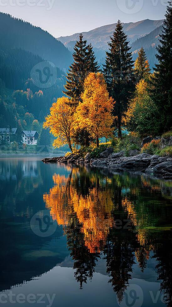 Vibrant autumn reflection on a tranquil lake surrounded by mountains and golden trees in late afternoon light photo
