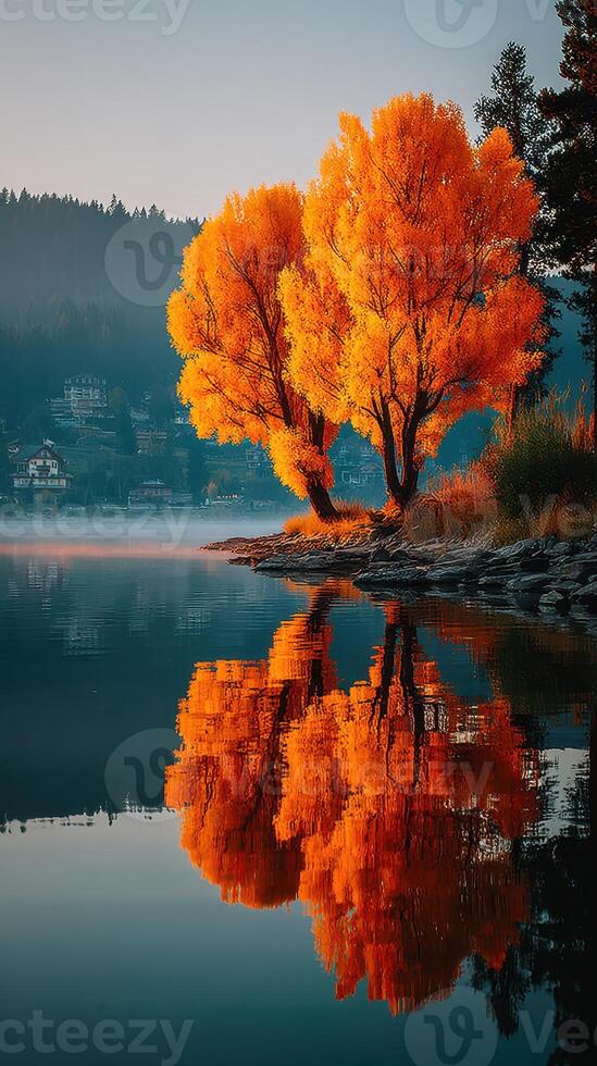 Vibrant autumn trees reflected in calm water near a scenic lakeside village at dawn photo