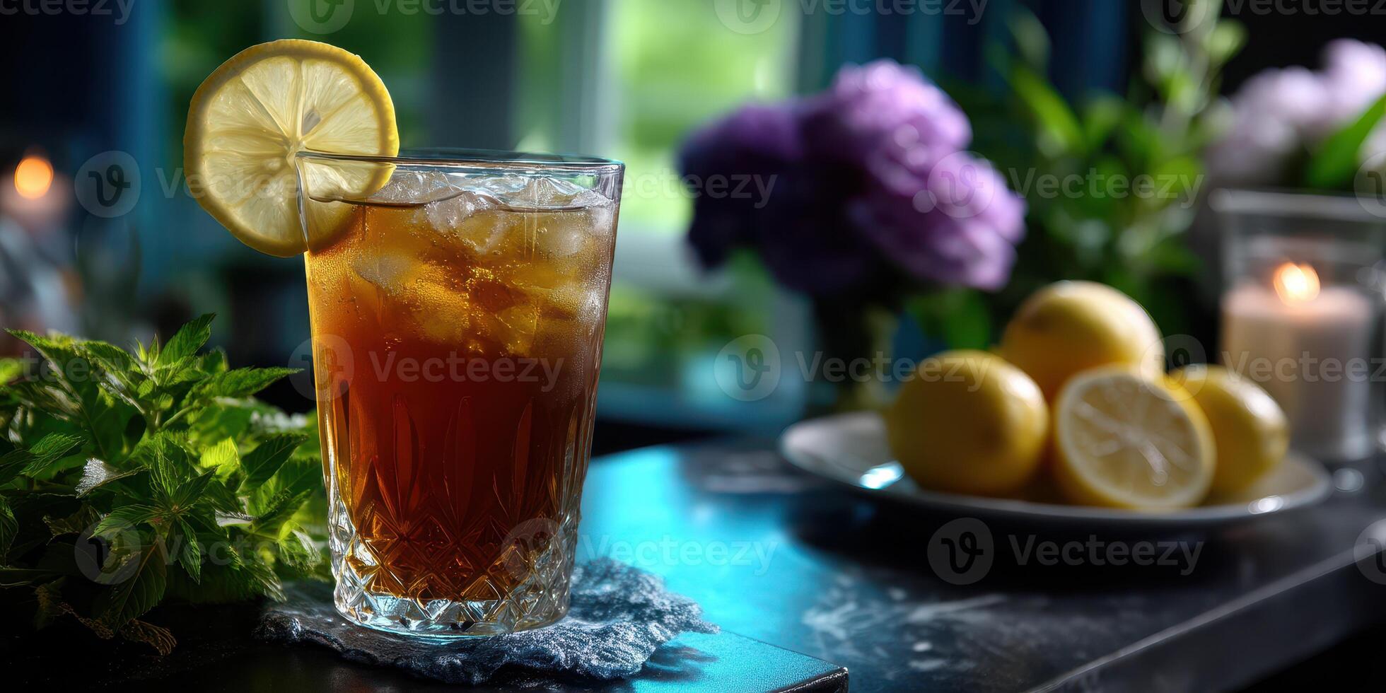 Refreshing iced tea drink served with lemon in a cozy indoor setting with flowers and lemons photo
