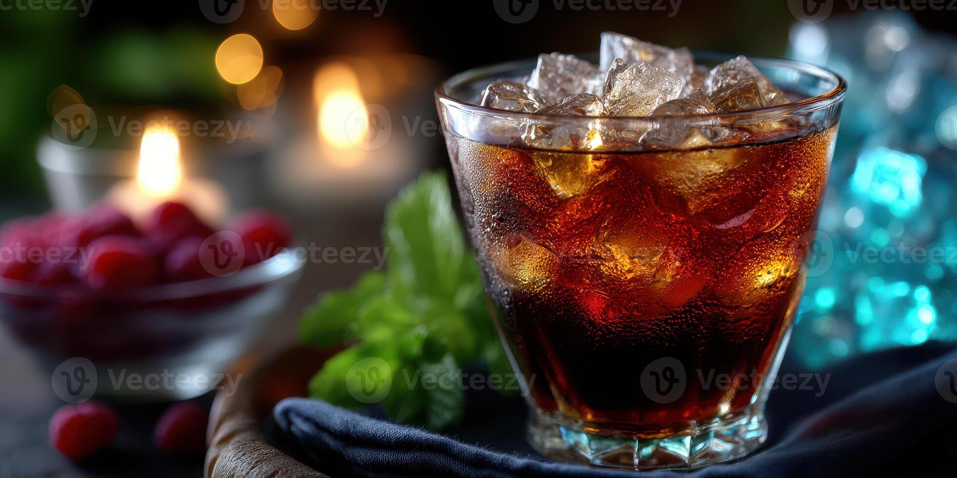 Refreshing beverage with ice served in a glass at a cozy setting with soft lighting and garnished with mint leaves photo