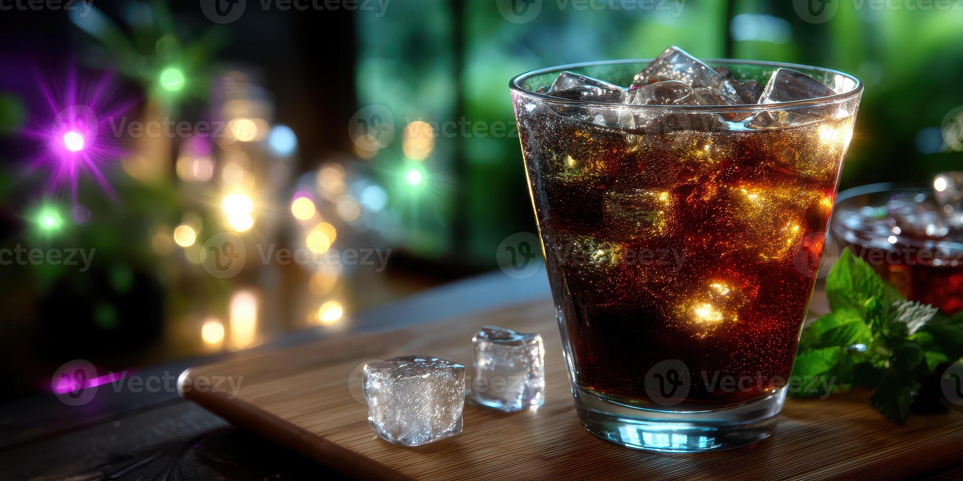 Refreshing cold drink served with ice in a cozy setting with blurred lights in the background photo