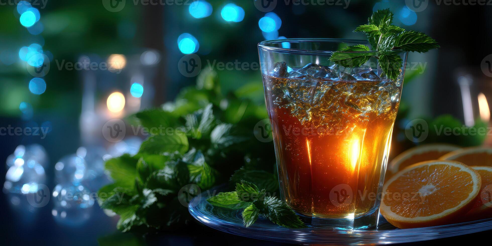 Refreshing mint iced tea with orange slices on a table adorned with glowing lights during a summer evening gathering photo
