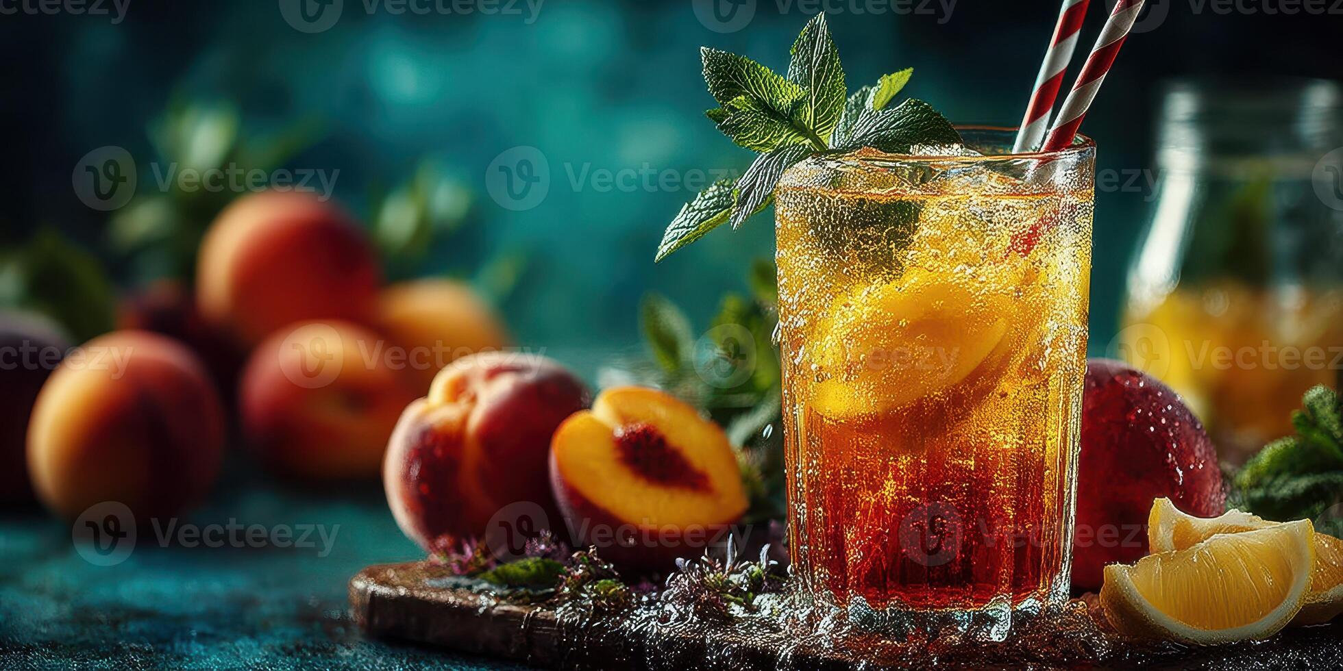 Refreshing peach iced tea served in a glass with mint garnish and striped straws on a vibrant teal background photo
