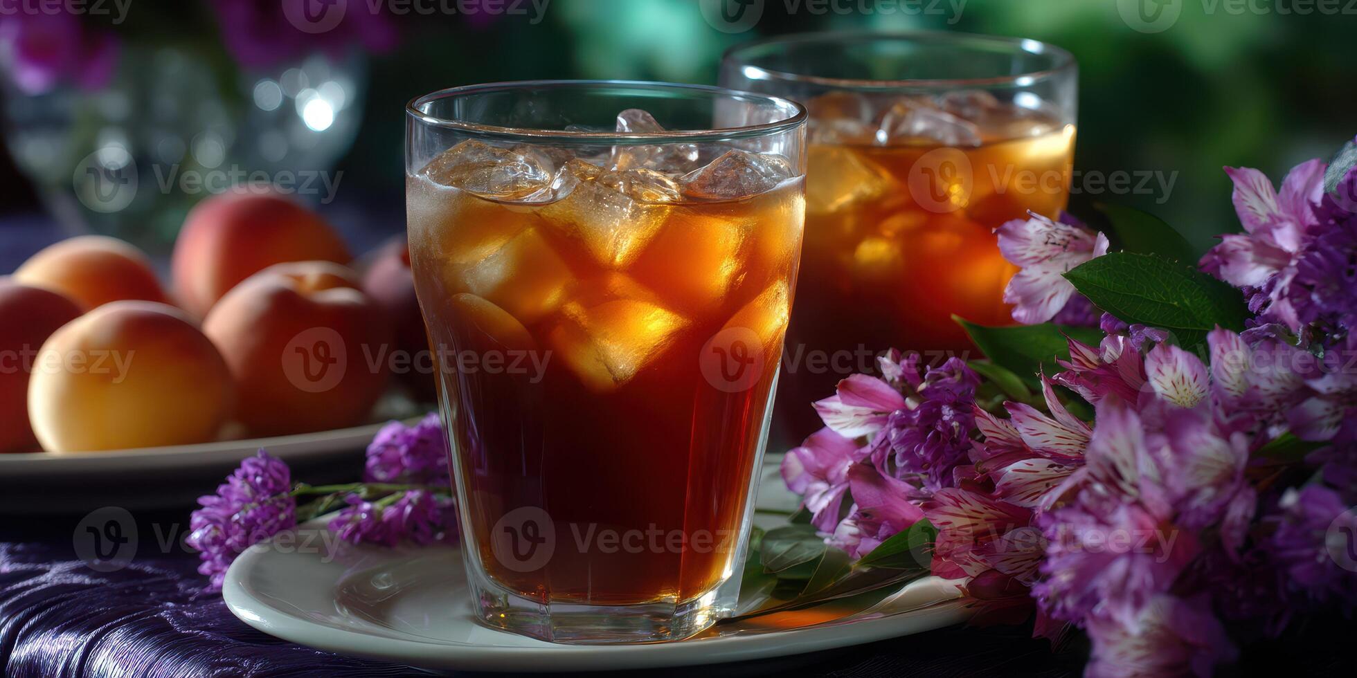 Refreshing iced tea served with fresh peaches and vibrant flowers on a sunny afternoon table photo