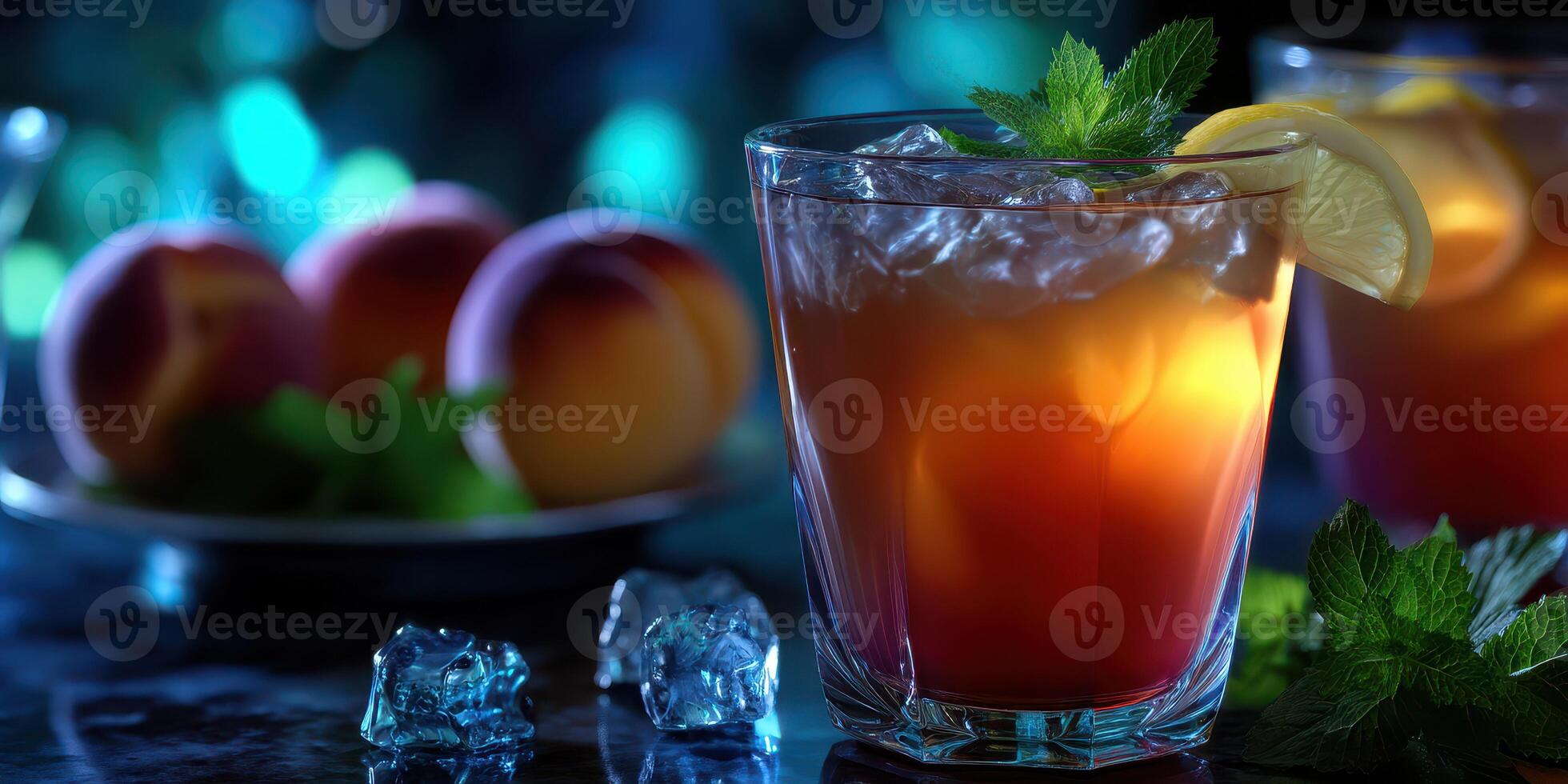 Refreshing iced beverage with peaches and mint served in a glass, background illuminated with soft lights photo