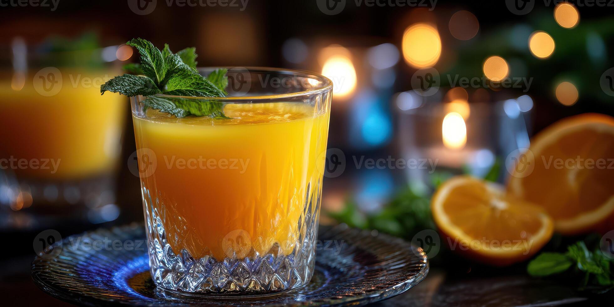 Refreshing citrus drink garnished with mint served on a dark table with glowing candles photo