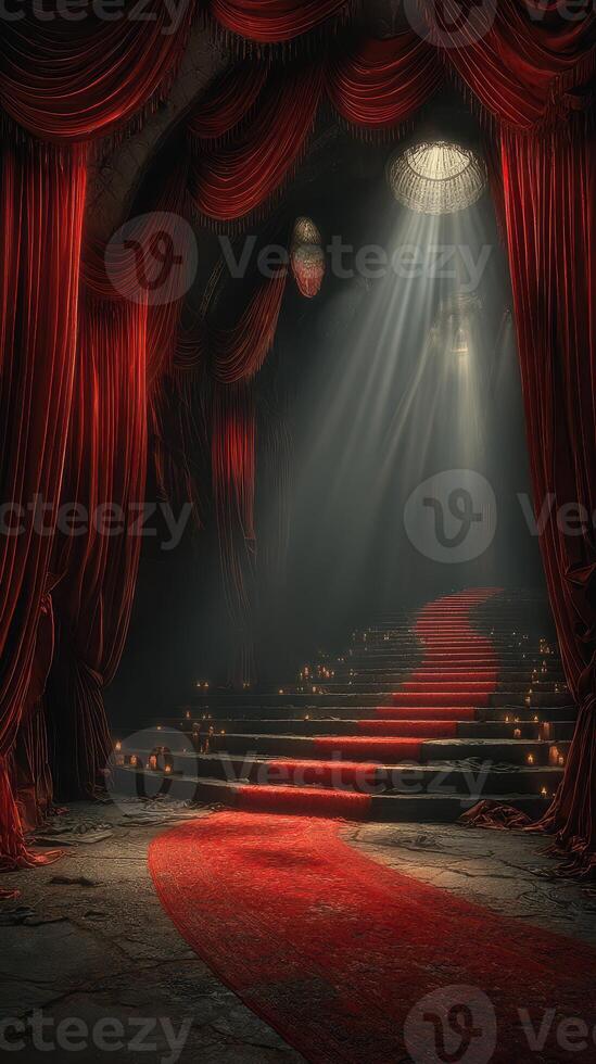 Elegant red drapes and illuminated staircase create a dramatic atmosphere in an ornate venue photo