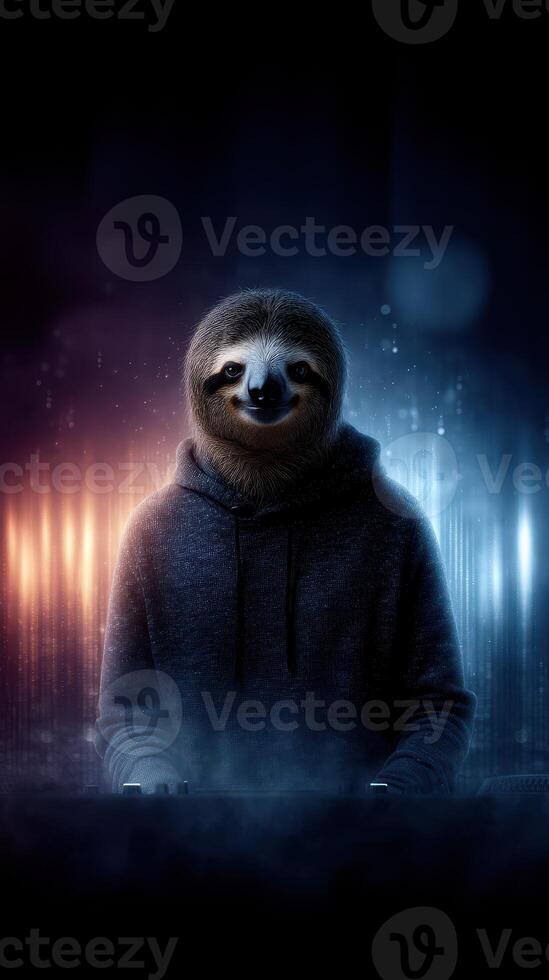 Sloth dressed in hoodie creates music in a digital studio at night, blending cool and warm lights photo