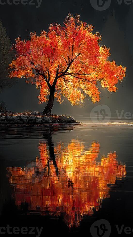 Vibrant autumn tree reflected in calm water at sunset near a serene lakeside photo