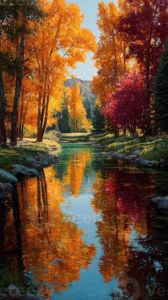 Vibrant autumn reflections in a serene river surrounded by colorful trees photo