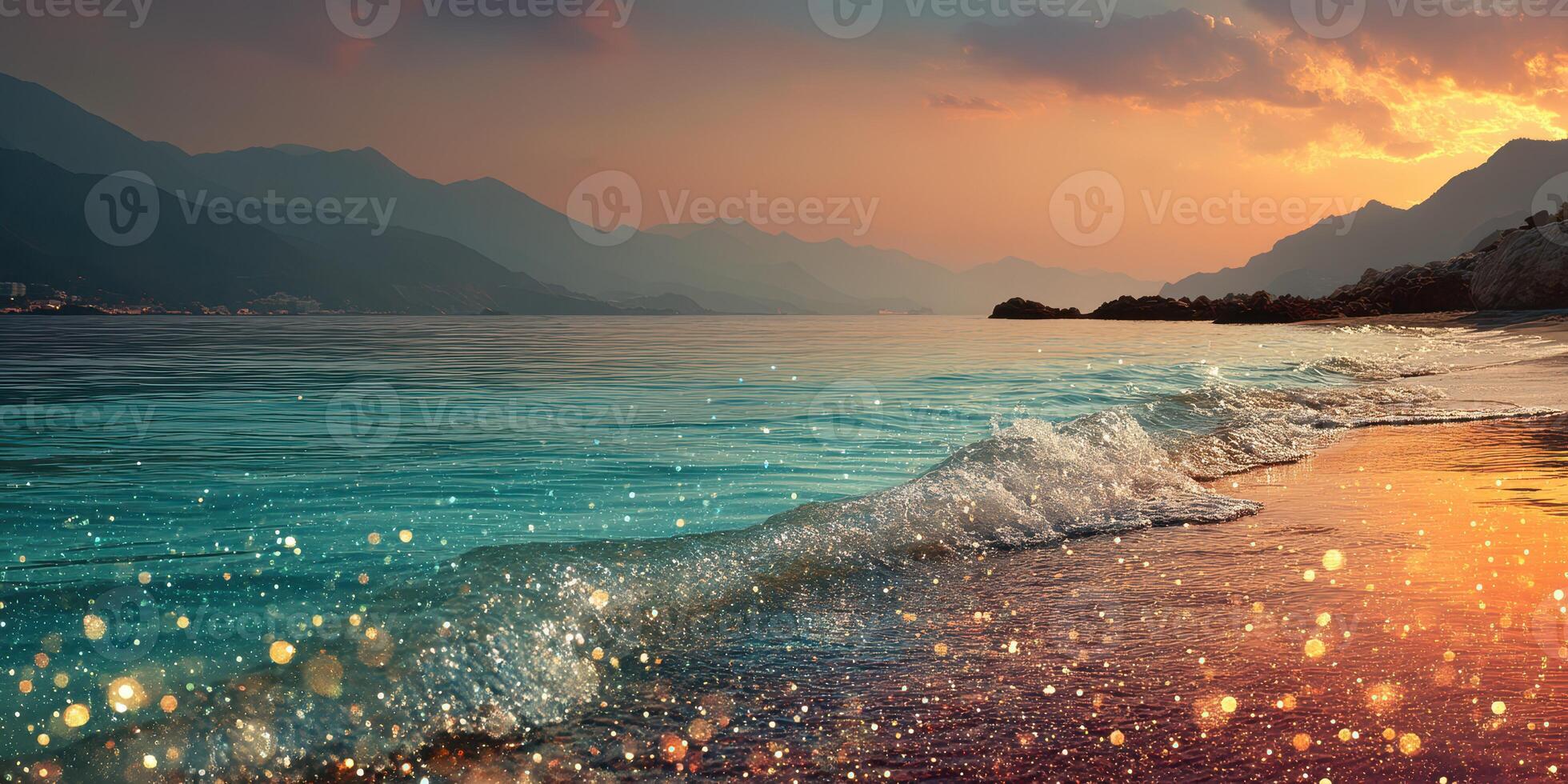 Sunset over the tranquil beach with gentle waves lapping at the shore and mountains in the background photo