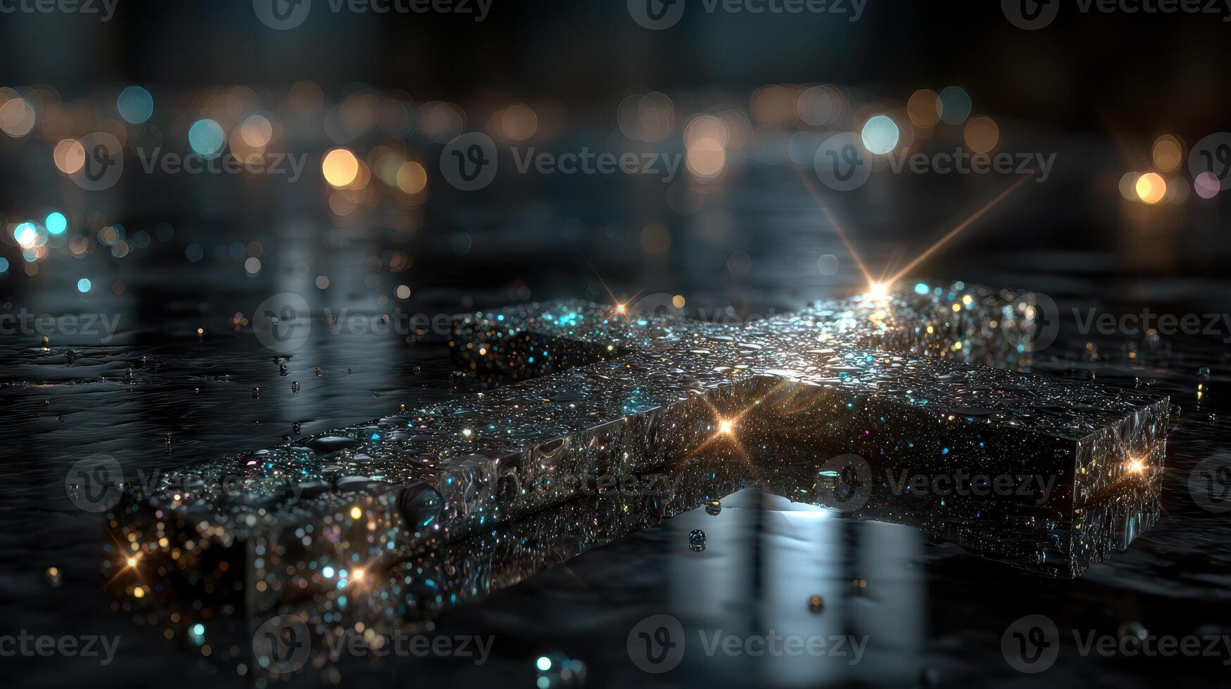Reflective crystal cross on wet surface with shimmering lights in a moody setting at dusk photo