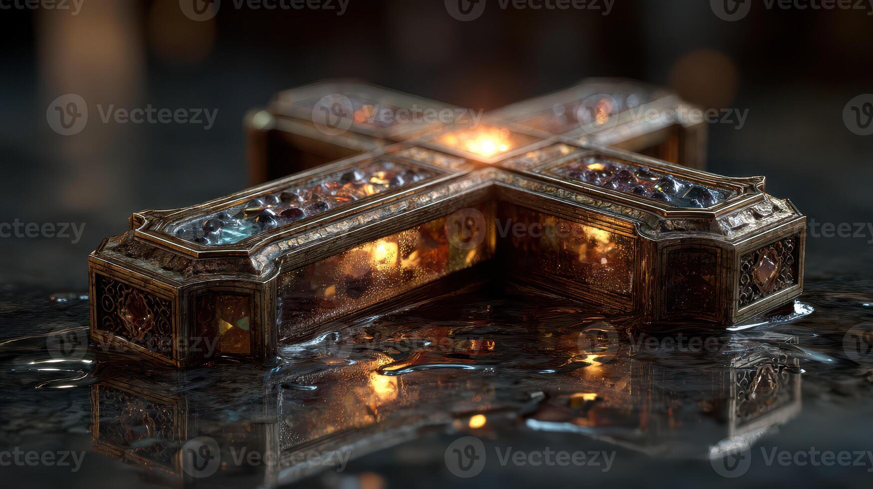 Intricate cross resting on a reflective surface illuminated by soft candlelight photo