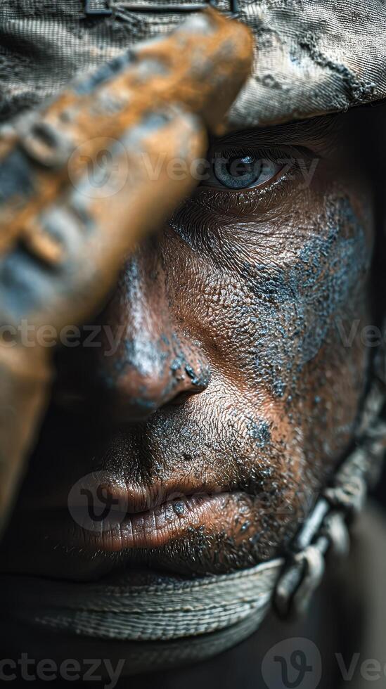 Warrior in battle face paint displays determination and focus during intense military training in a forest environment photo