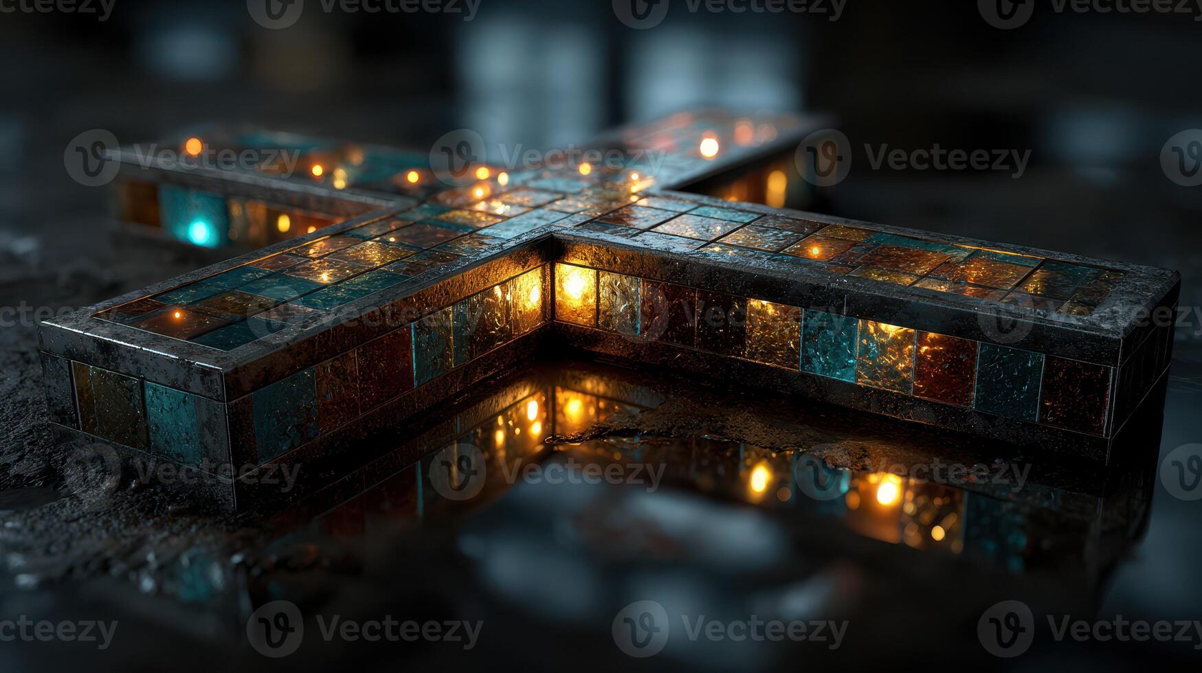 Intricate mosaic cross illuminated by soft light in a dark, reflective environment photo
