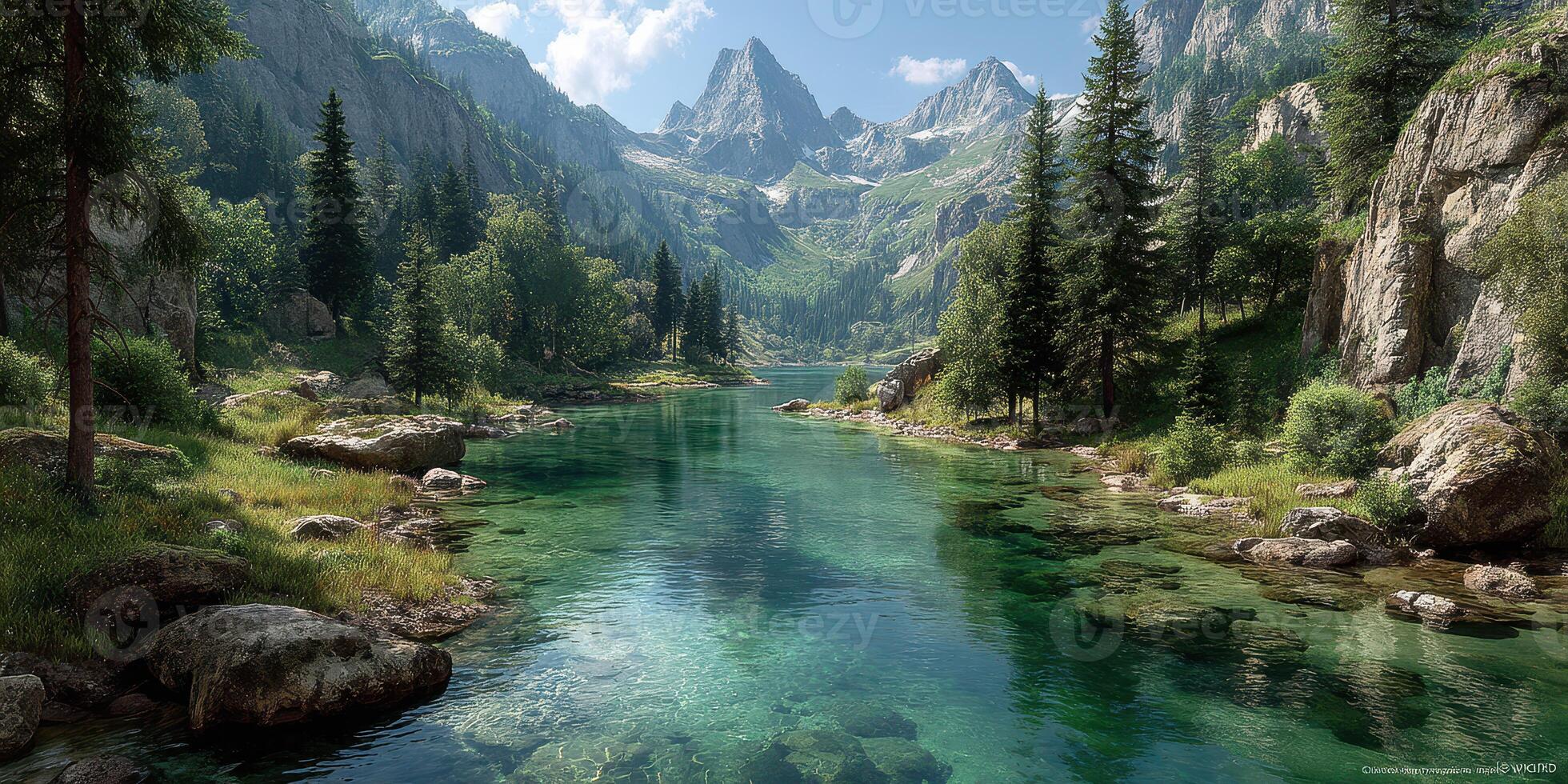 Serene mountain landscape with clear waters and lush greenery in a tranquil setting photo