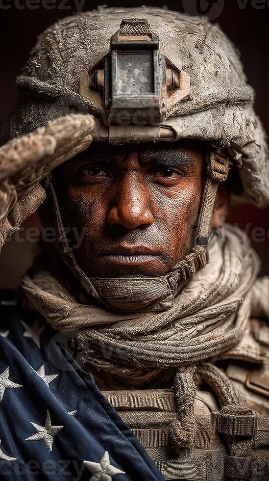 Soldier saluting proudly while wearing military uniform and American flag in a dusty environment photo