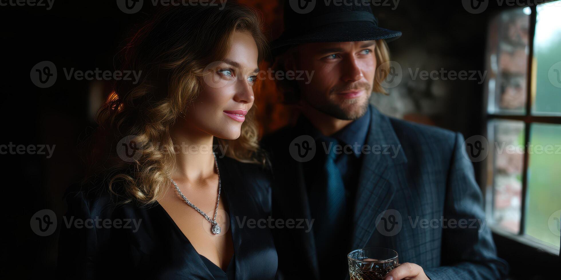 Stylish couple enjoys an evening together in a cozy, rustic setting with warm lighting and a hint of romance photo