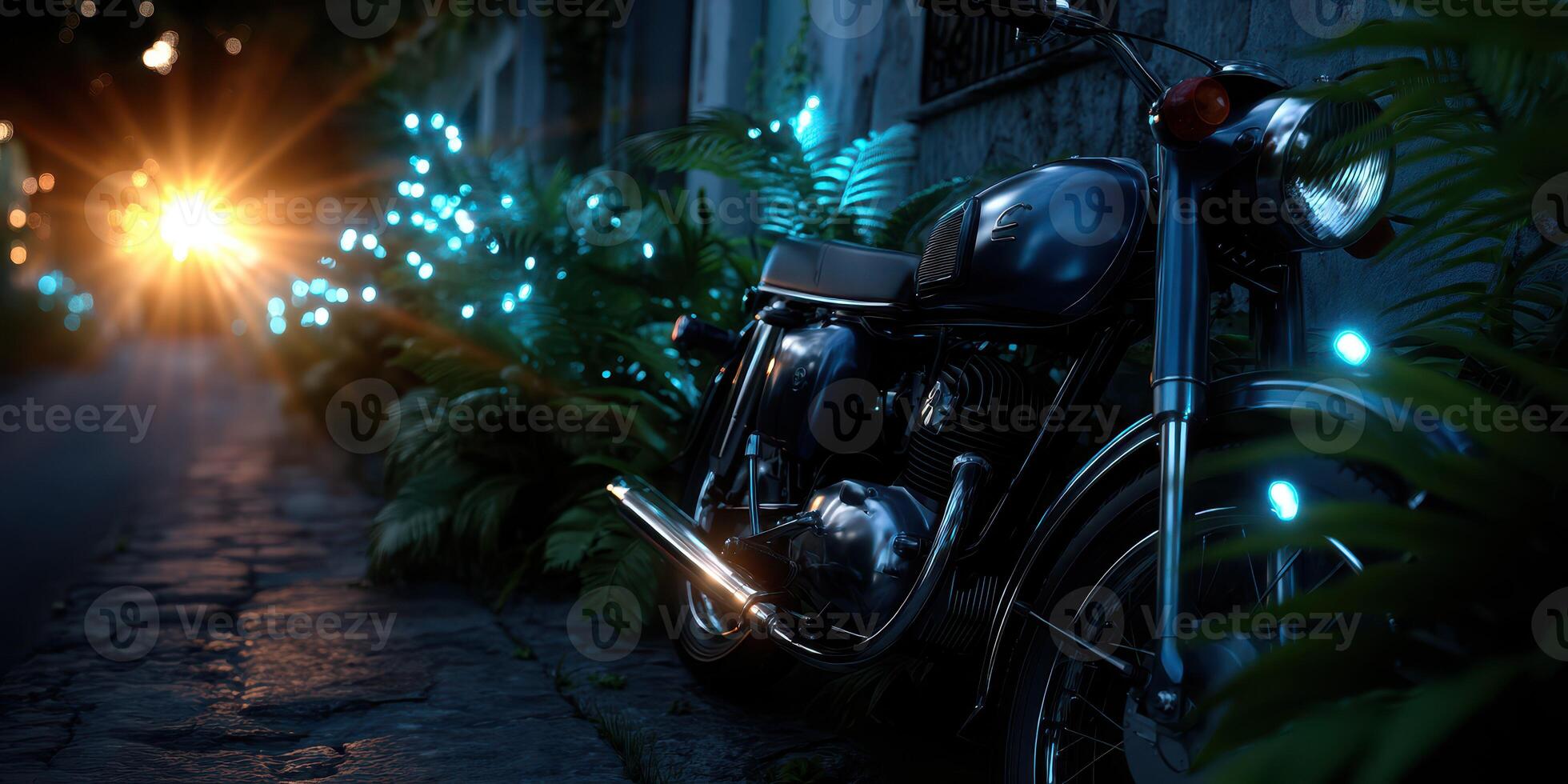 Vintage motorcycle parked beside glowing blue lights in a lush garden during sunset photo