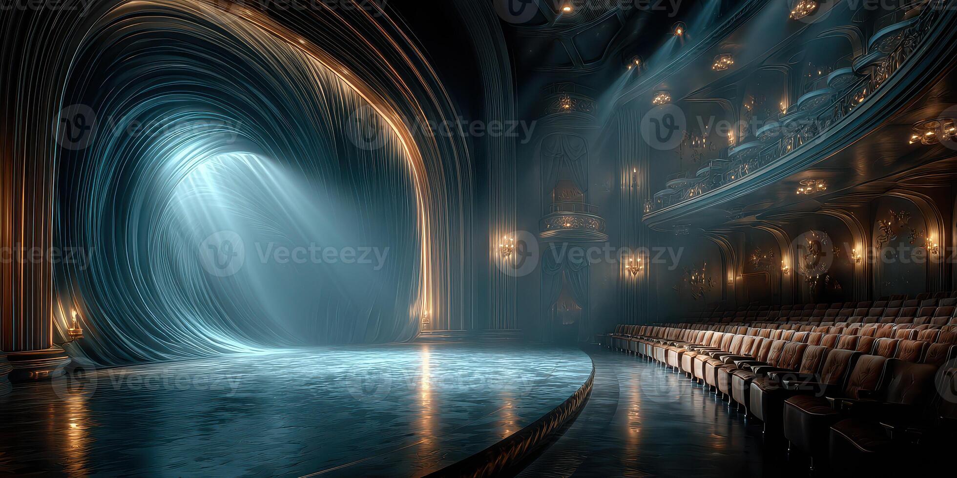 Majestic theater interior with a stunning wave-like curtain design and soft lighting during a performance photo