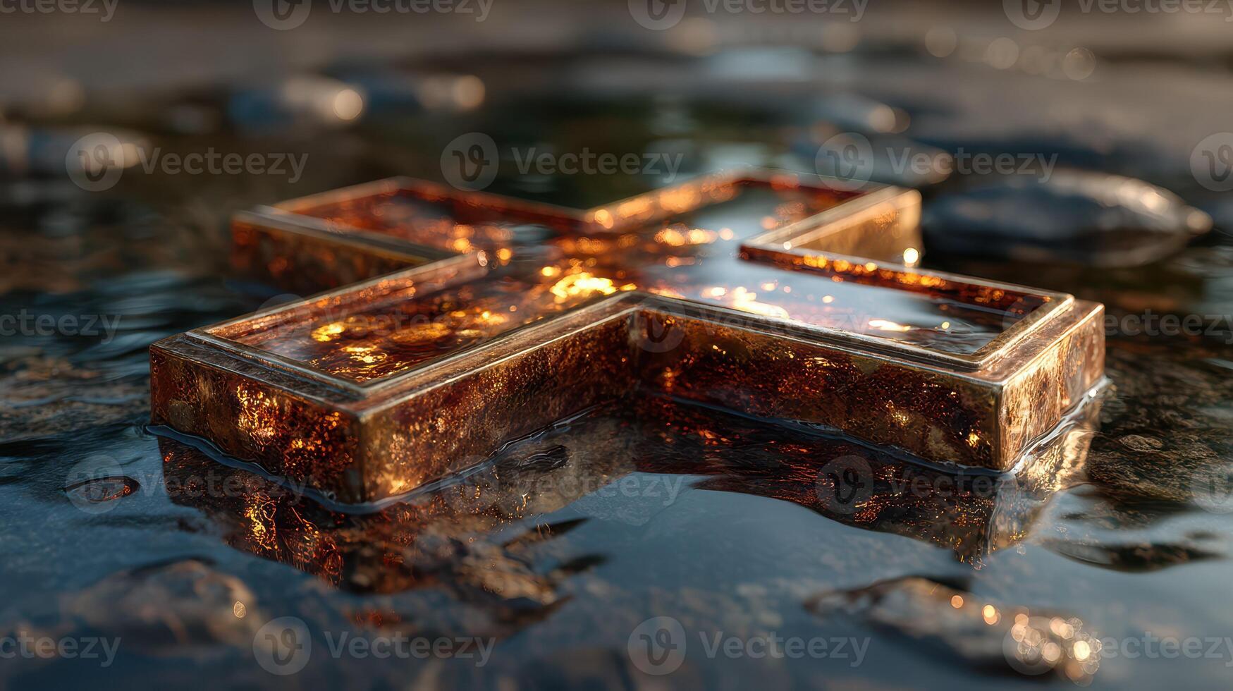 Reflection of a golden cross on wet stones during sunset near a riverbank showcasing serenity and beauty photo