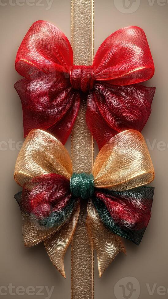 Festive bows in vibrant red, gold, and green colors beautifully arranged for holiday decoration photo