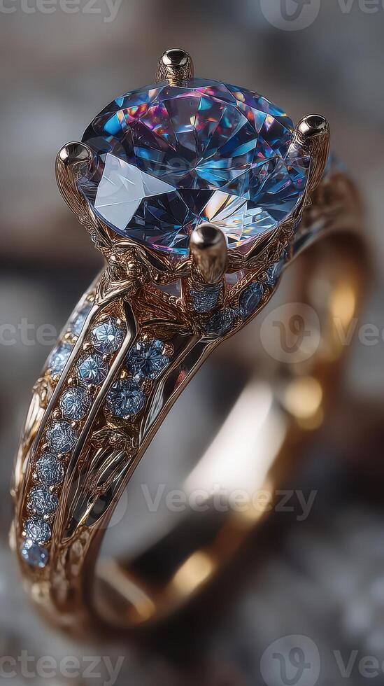 Elegant golden ring with a large blue gemstone and intricate detailing showcased against a blurred background photo