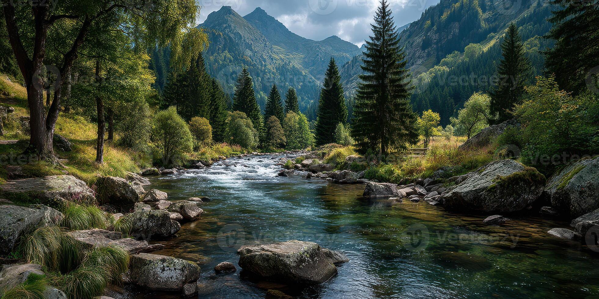 Mountain river flows through a lush forest with towering trees and rocky banks on a cloudy day photo