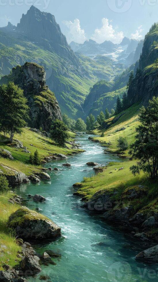Serene river flowing through a lush valley surrounded by majestic mountains and vibrant greenery in a daylight landscape photo