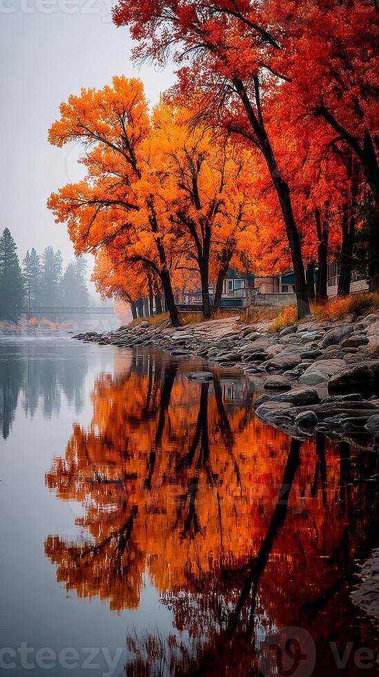 Vibrant autumn foliage reflecting on a calm river at dawn in a tranquil lakeside setting photo
