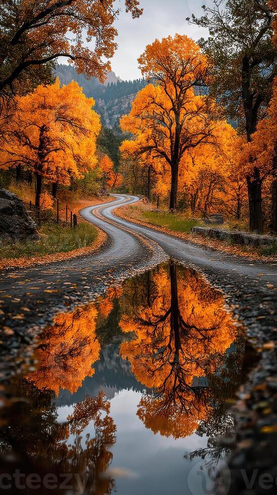 Curving road through autumn trees with vibrant orange foliage reflecting in a puddle photo