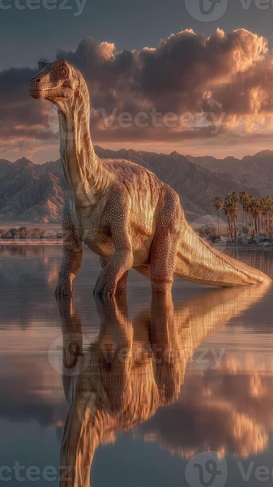 Dinosaur standing by tranquil water at sunset with mountains in the background and reflections in the water photo