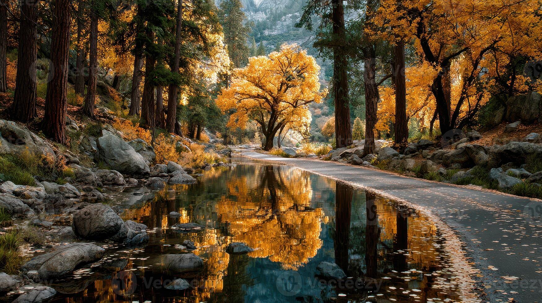 Scenic autumn landscape with vibrant foliage reflecting in calm water by a winding path photo
