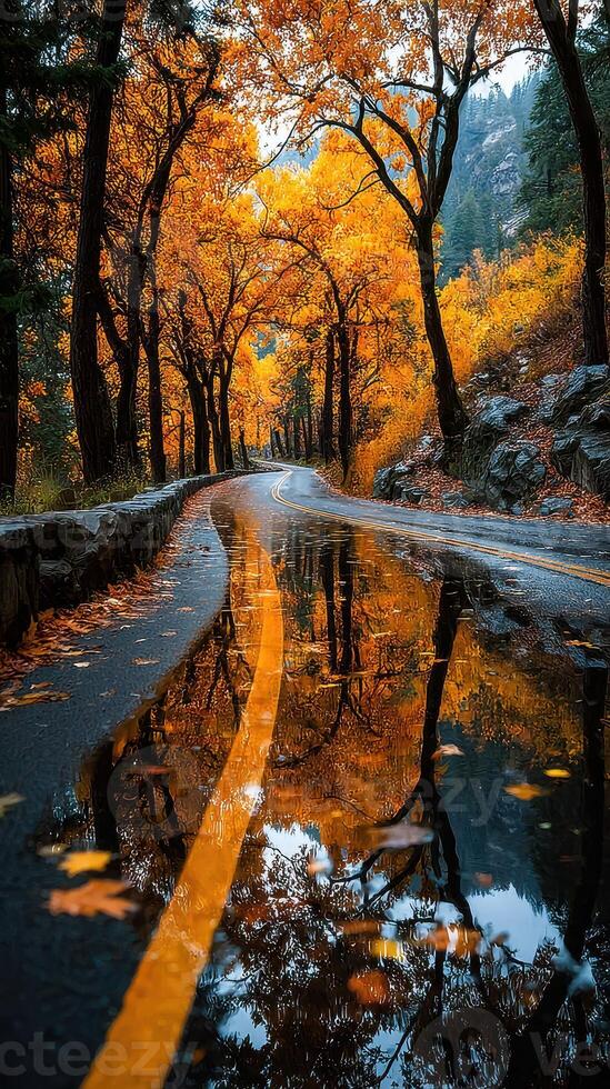 Autumn foliage reflects on winding road amidst vibrant colors in serene landscape photo