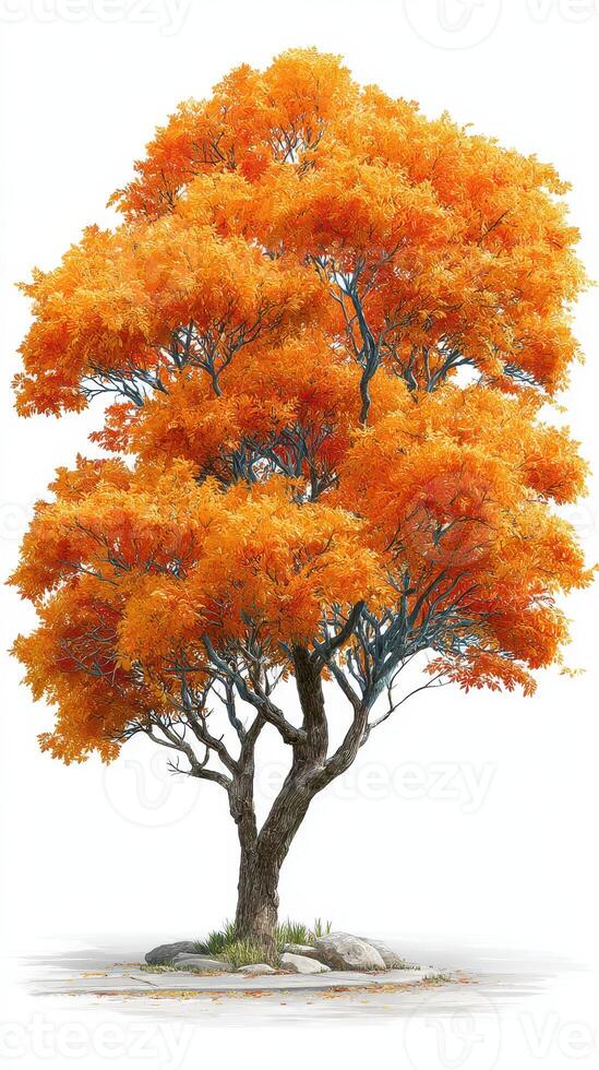 Bright orange autumn tree stands alone on a rock amidst green grass in an open landscape during a clear day photo
