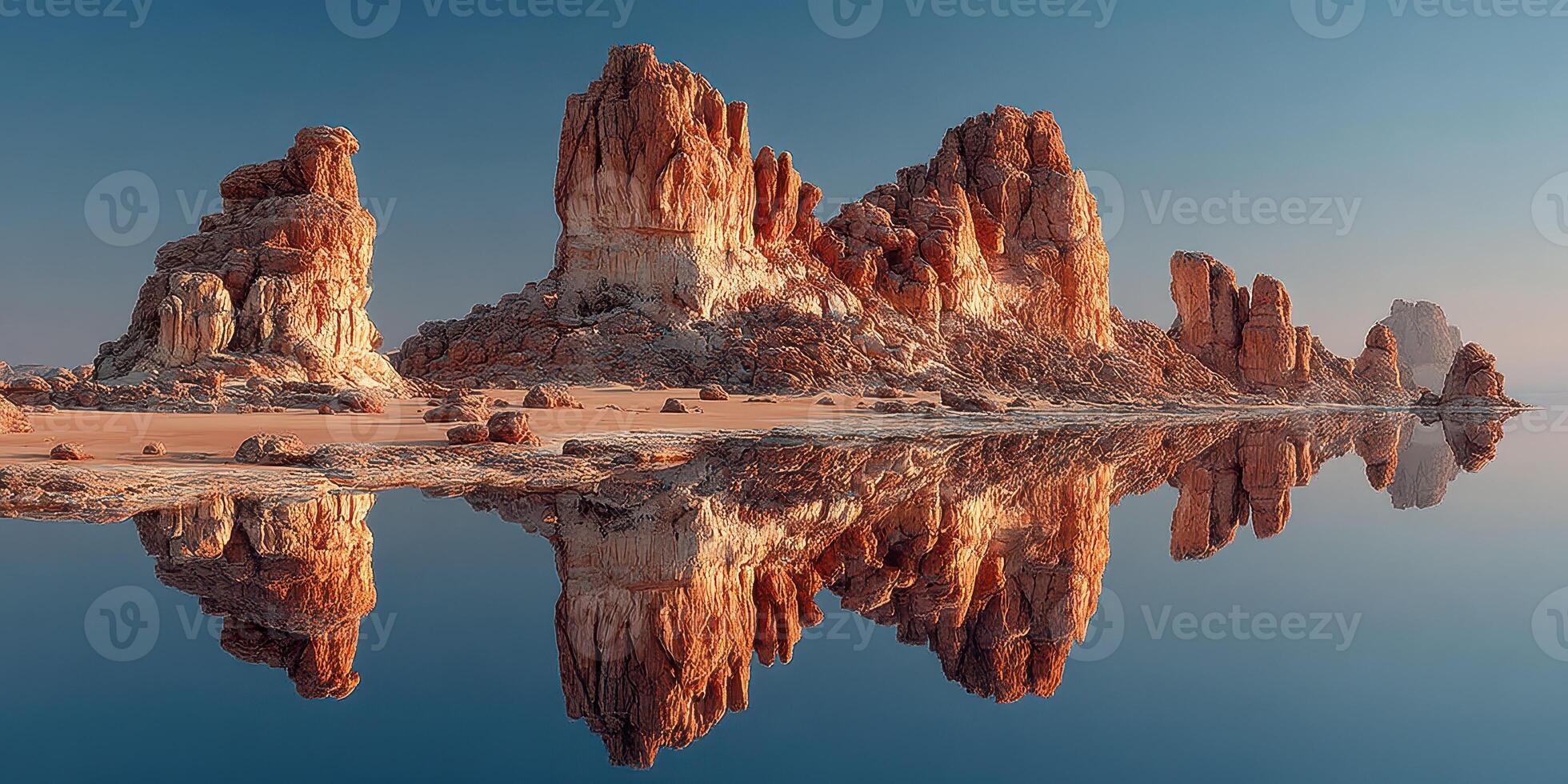 Stunning reflection of towering rock formations at sunrise in a serene landscape photo
