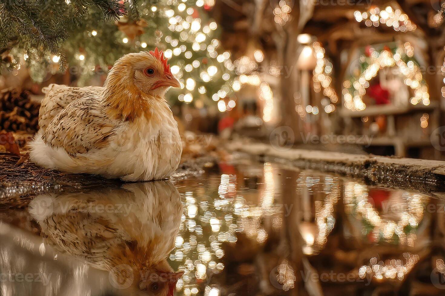 Chicken resting near reflective water with festive lights in a cozy winter setting during the holiday season photo