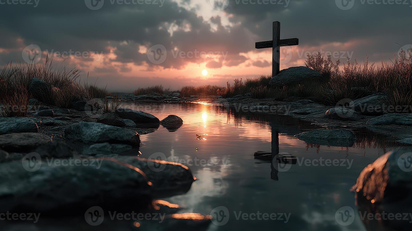 Sunset over a tranquil lake reflecting a cross silhouette and rocks in a serene natural landscape photo