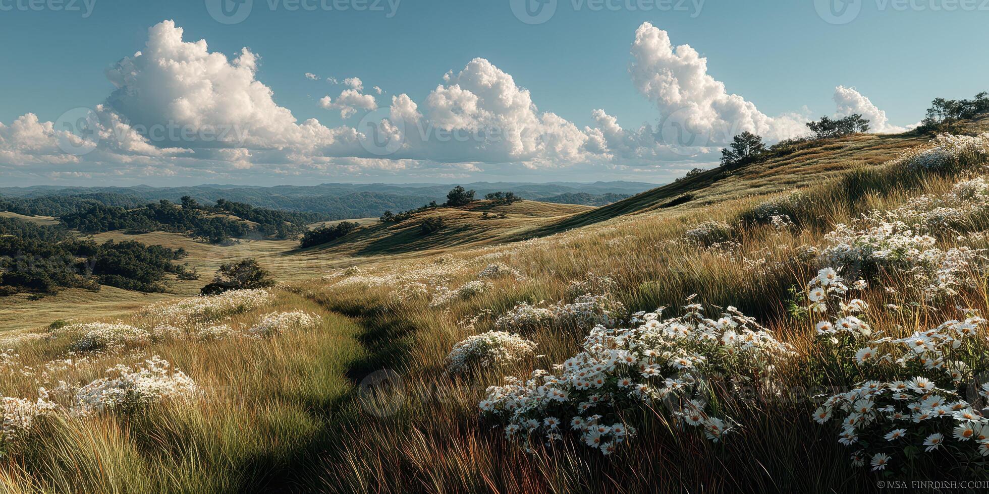 Rolling hills covered in wildflowers under a bright blue sky with puffy clouds during midday photo