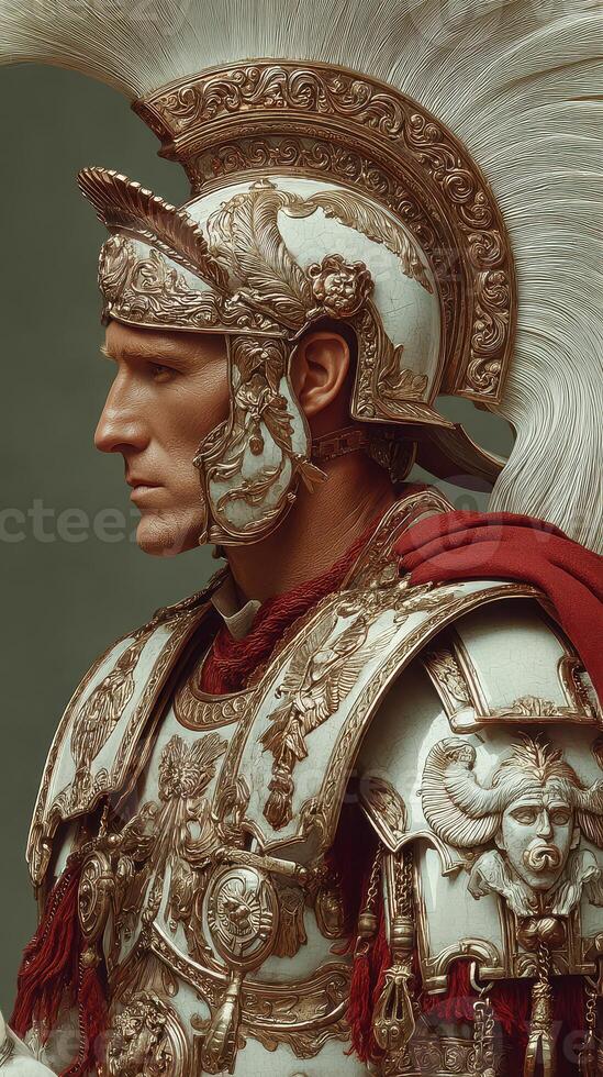 Roman soldier in ornate armor with detailed decorations and plume standing proudly against a simple background photo