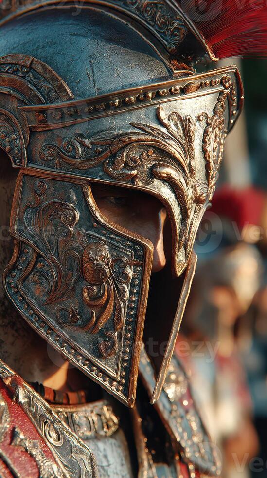 Detailed close-up of an ornate Roman soldier's helmet during a historical reenactment event in a vibrant setting at sunset photo
